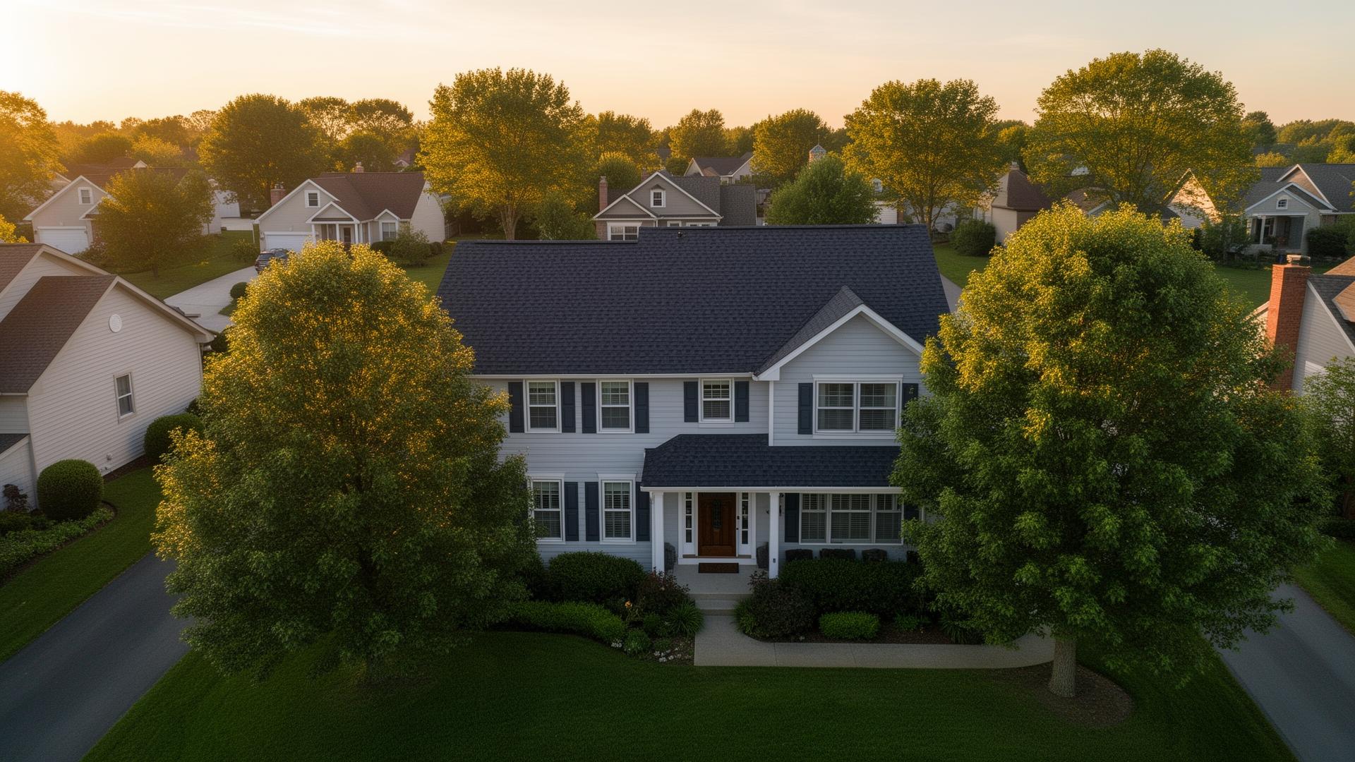 Aerial view of a suburban home with a freshly installed asphalt shingle roof at golden hour