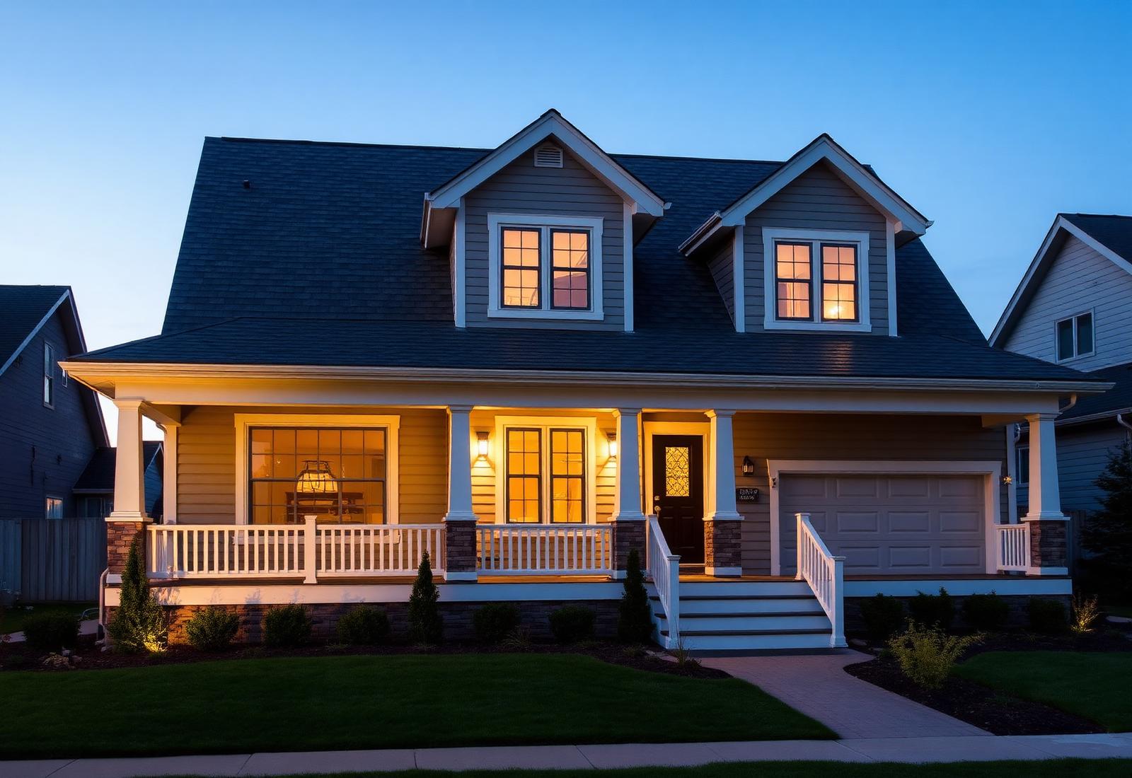 Craftsman home at twilight with a newly replaced dark slate roof