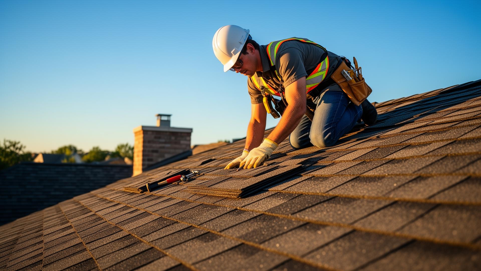 Roofing contractor inspecting shingles at sunset